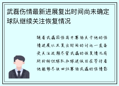 武磊伤情最新进展复出时间尚未确定球队继续关注恢复情况