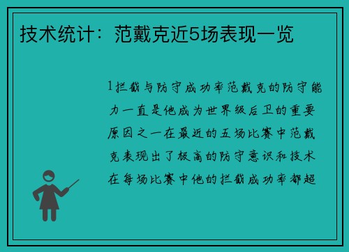 技术统计：范戴克近5场表现一览